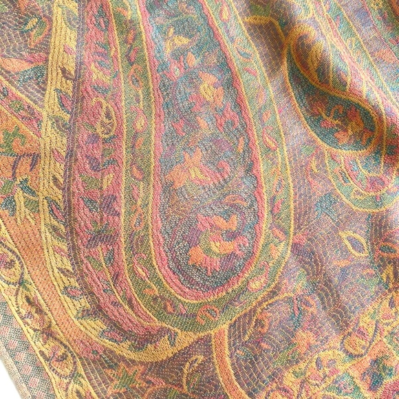 100% Pashmina Scarf Wrap Cream Pink Blue Green Paisley Lightweight Woven - Picture 3 of 5
